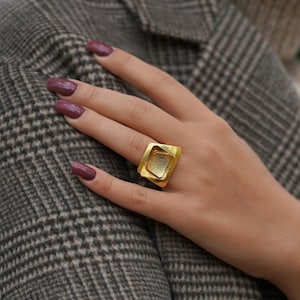 Chunky Gold Statement Ring Layer Texture Unique Modern Brushed Hammered Metal Signet ring Cocktail ring Gift for her