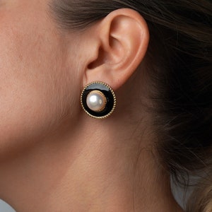 Round Vintage Pearl Earrings Black Enamel Chunky Large Stud Statement Earrings image 6