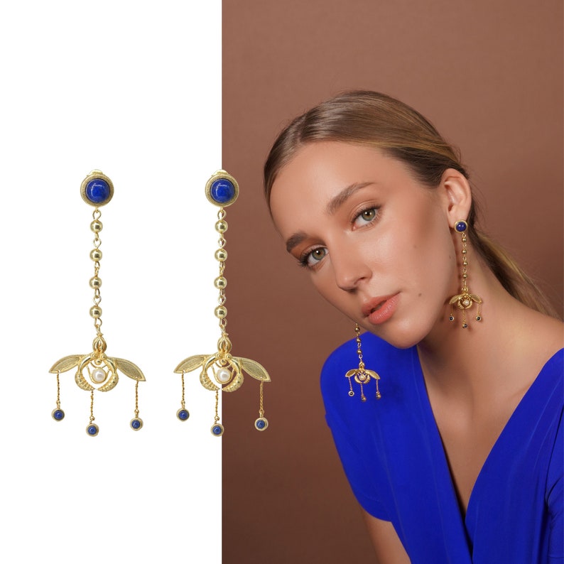 Long Bee Earrings Lapis Lazuli Pearl Bead Earrings Unique Modern Statement Earrings Natural Stone Blue Contemporary Vintage Edgy Unusual image 1