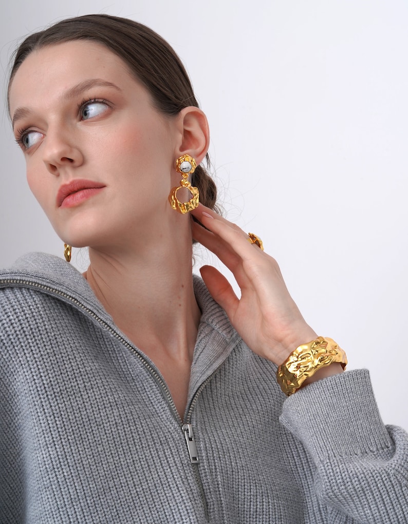 Irregular Organic Gold Earrings, Dangle Hoop Earrings, White Turquoise Geometric Unique Earrings, Wedding Gift For Her image 3