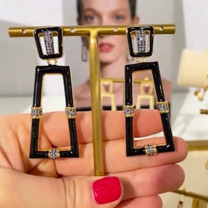 Big Black Enamel Earrings Geometric Drop Earrings 80s style Gold Earrings Blue Sapphire Earrings Unique Modern Trendy Statement Earrings