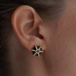 Black Enamel Sapphire Stud Earrings Sapphire Birthstone Earring Hexagon earrings Black earrings Trendy Earrings 2023 Anniversary gift Black