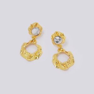 Irregular Organic Gold Earrings, Dangle Hoop Earrings, White Turquoise Geometric Unique Earrings, Wedding Gift For Her image 2