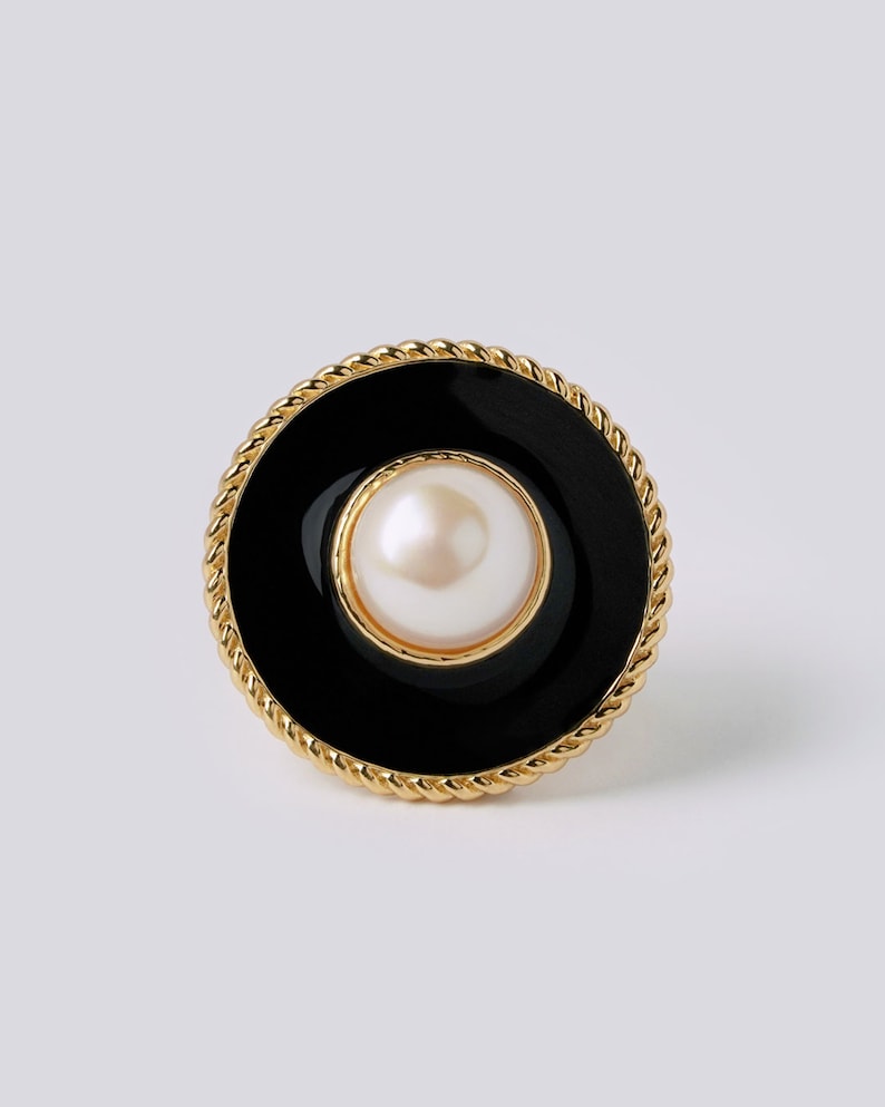 Round Vintage Pearl Earrings Black Enamel Chunky Large Stud Statement Earrings image 7