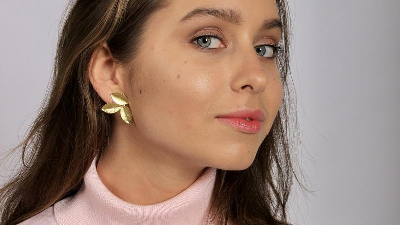 Small Gold Leaf Earrings Leaves Stud Everyday Textured Edgy Statement Modern Contemporary Organic Unique Boho Minimalist Jewelry image 5