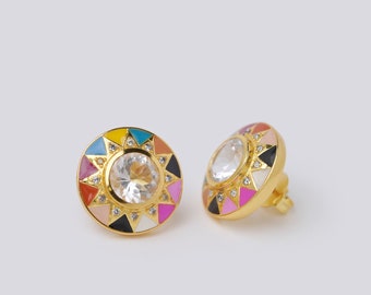 Round Enamel Earrings Colourful Gemstone Sun Earrings Medallion