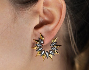 Unique star gold statement earrings, starburst gold edgy sun earrings, bridal celestial star gold earrings, wedding earrings for her
