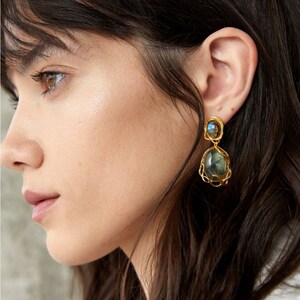Unique Labradorite Earrings, Textured Gold Natural Healing Stone Earrings, Big Gemstone Statement Earrings