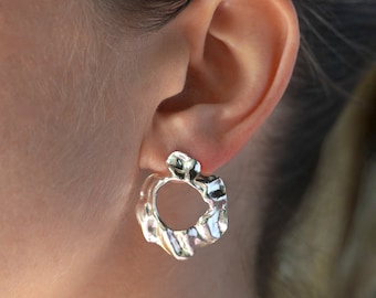 Irregular Silver Stud Earrings Women Organic Sculptural Statement Everyday Minimalist Hammered Abstract Birthday Gift for Her