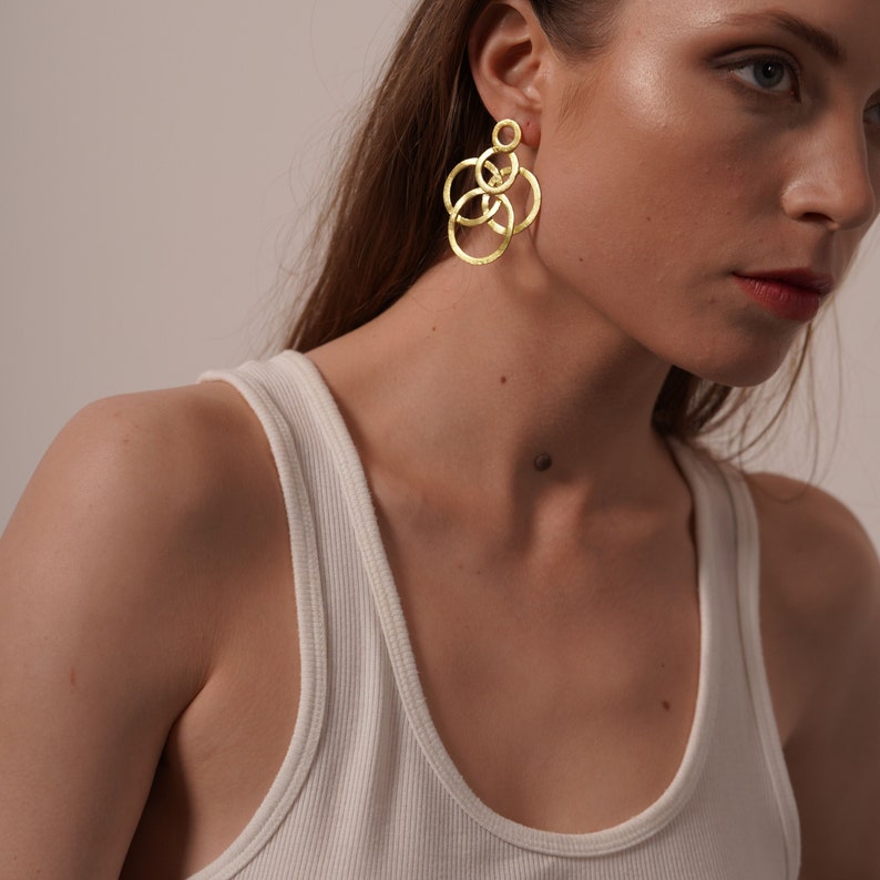 Geometric Gold Earrings Statement Contemporary Multi Linked Hoop Big Large Oversized Unique Textured Contemporary Modern Edgy Bold Abstract image 1