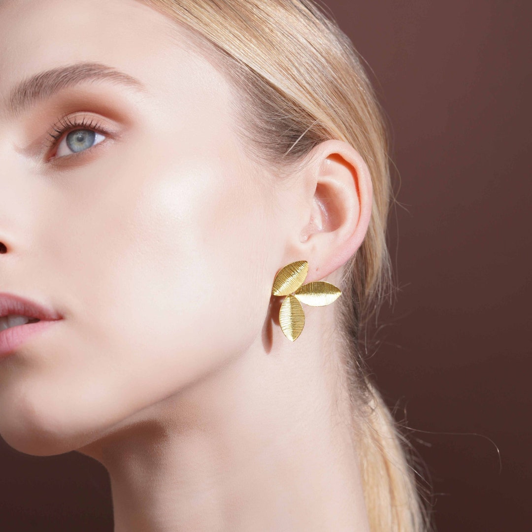 Small Gold Leaf Earrings Leaves Stud Everyday Textured Edgy Statement