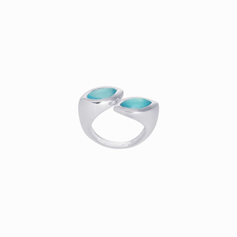Dual 2 Stone Open Silver Ring Natural Blue Aqua Chalcedony Gemstone Modern Statement Contemporary Jewellery Geometric Abstract Edgy Organic