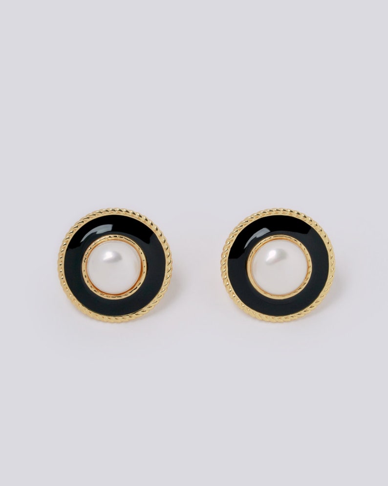 Round Vintage Pearl Earrings Black Enamel Chunky Large Stud Statement Earrings image 3