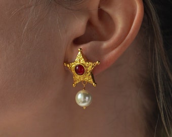 Star Gold Earrings Pearl Dangle Red Stone Earrings Gemstone Retro Vintage 80s 90s Style Western Trendy Girlfriend Gift for her