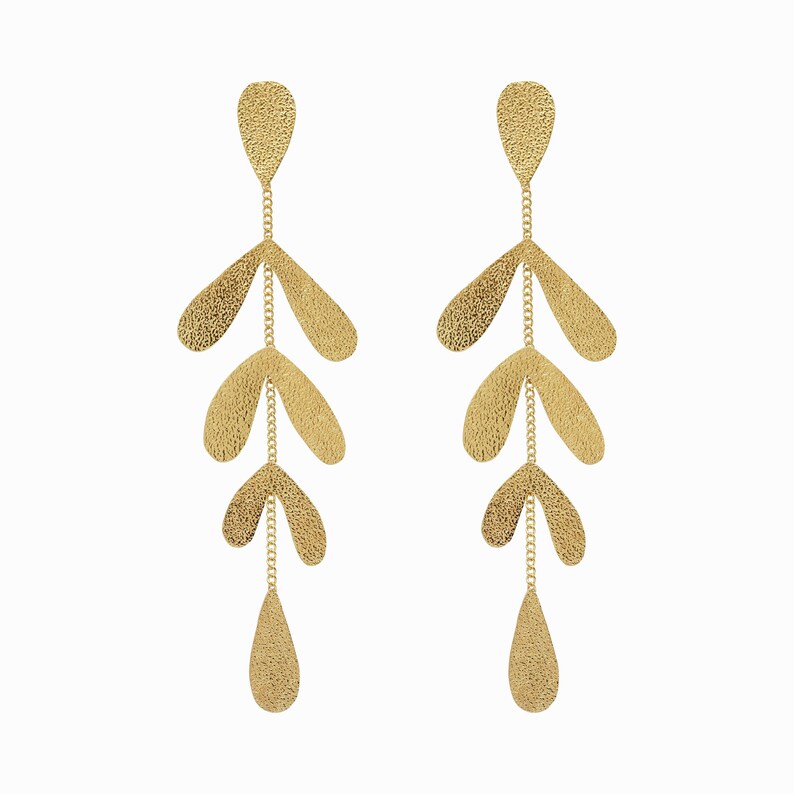 Statement Gold Leaves Earrings Long Geometric Textured Etsy