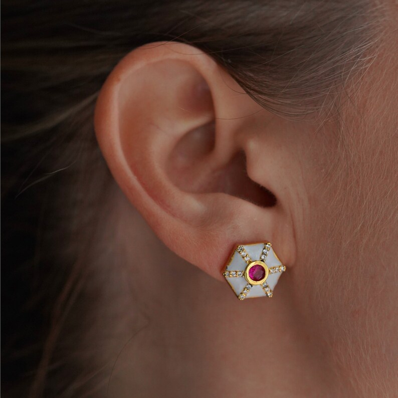 Black Enamel Sapphire Stud Earrings Sapphire Birthstone Earring Hexagon earrings Black earrings Trendy Earrings 2023 Anniversary gift White
