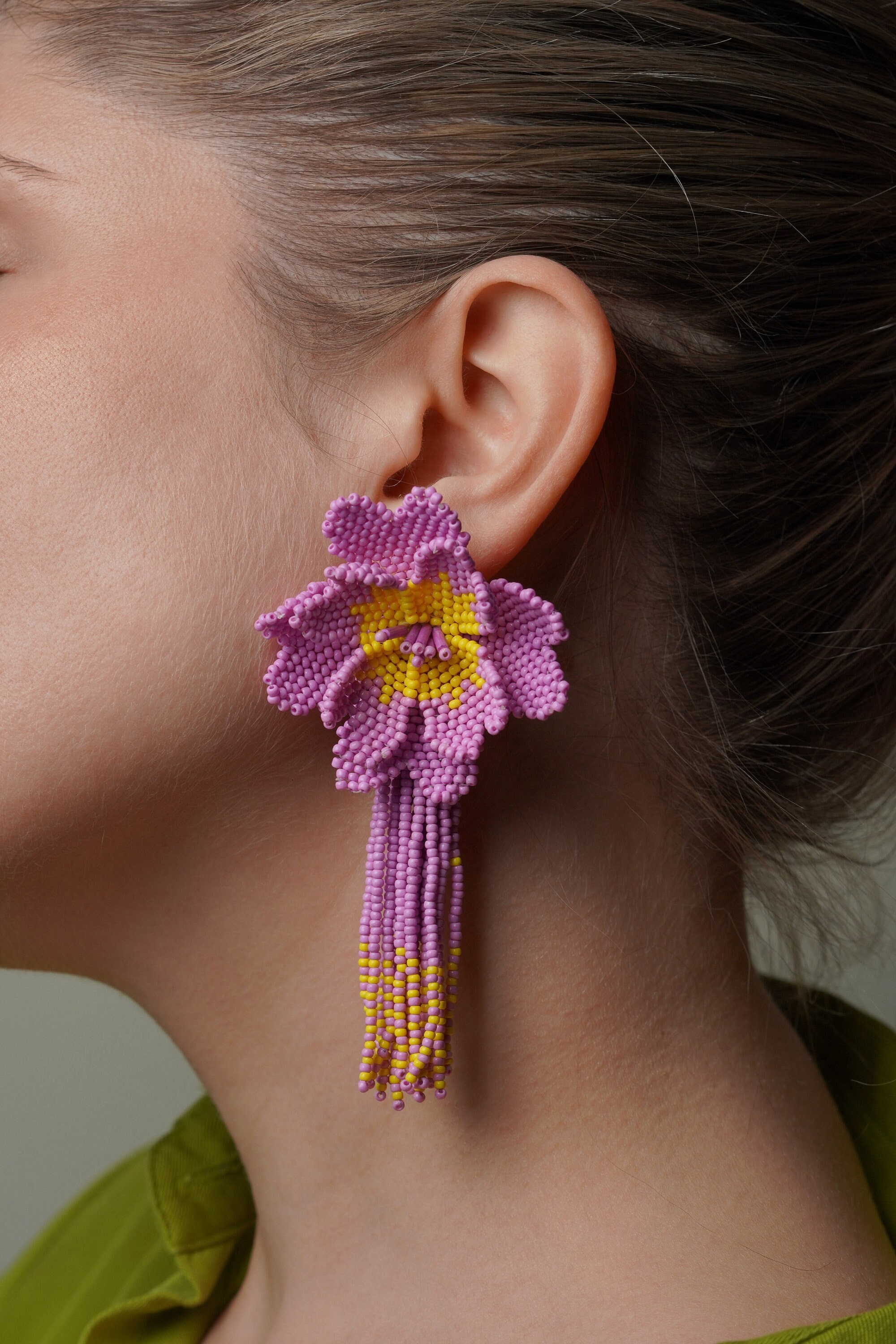 Big Flower Earrings, Tassel Earrings, Big Floral Earrings, Bead Earrings, Beaded Flower, Long Fringe Earrings, Bridesmaid Jewelry