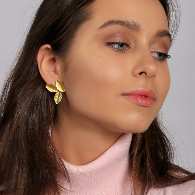 Small Gold Leaf Earrings Leaves Stud Everyday Textured Edgy Etsy