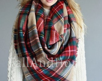 Plaid Tartan Blanket Scarf Peach Coral Gray Colorblock Plaid Scarf Gift Scarves Zara Style Plaid Blogger Favorite-New Color-Monogram Avail