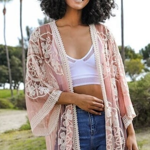 Pink Lace Floral Lace Kimono