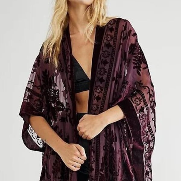 Kimono, kimono en velours dévoré avec motif floral et pampille, pour femme, tendance mode 2022, tenue vacay