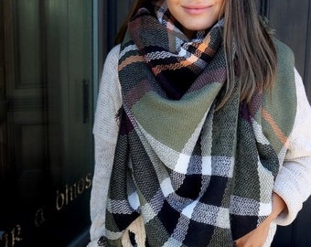 Olive OVERSIZED SQUARE Plaid Blanket Scarf, Winter scarf, Blanket Scarf women, Bridesmaid Scarf, best selling items, gift for her