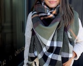 Olive Green SQUARE Plaid Blanket Scarf, Winter scarf, Blanket Scarf women, Bridesmaid Scarf, best selling items, gift for her