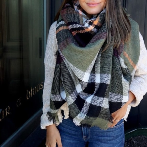Olive OVERSIZED SQUARE Plaid Blanket Scarf, Winter scarf, Blanket Scarf women, Bridesmaid Scarf, best selling items, gift for her