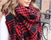 Red Black SQUARE Plaid Blanket Scarf, Winter scarf, Blanket Scarf women, Bridesmaid Scarf, best selling items, gift for her