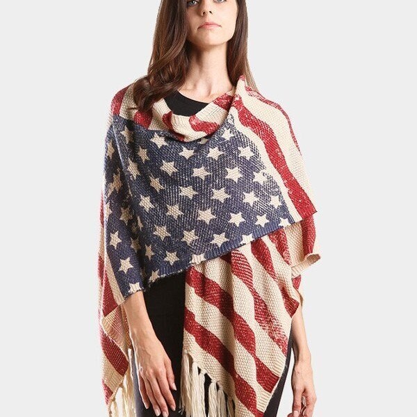 American USA Flag Printed Shawl Scarf Wrap Tassel Poncho