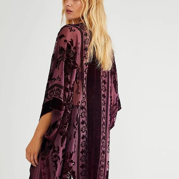 Plum Velvet Burnout Kimono, beautiful women floral kimonos, beach kimono, kimono jacket, kimono cardigan, lbeach cover up