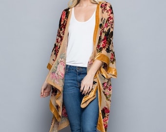 Burnout Velvet Kimono with Autumn Fall Leaf