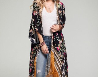Women Black Tassel Floral Kimonos Beach Kimono Kimono Jacket