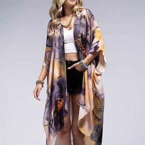 Airy Lightweight Kimono Women Beachwear Cover Ups Kimonos Boho Retro Black Pink Spring Floral Print