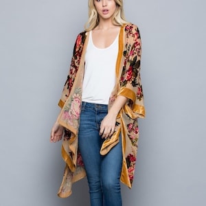 Burnout Velvet Kimono with Autumn Fall Leaf