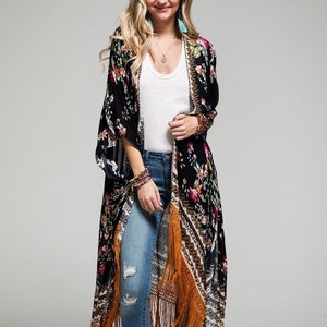 women black floral kimonos, beach kimono, kimono jacket, kimono cardigan, long kimono, beach cover up, boho kimono, for her