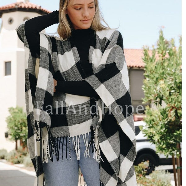 Buffalo Plaid Poncho, Woven Knit Buffalo Plaid Checkered Wrap Cape Cardigan Ruana Oversized Blanket Sweater Poncho