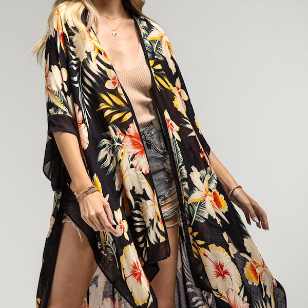 kimonos noirs à fleurs pour femmes, kimono de plage, veste kimono, cardigan kimono, kimono long, tenue de plage, kimono bohème, pour elle