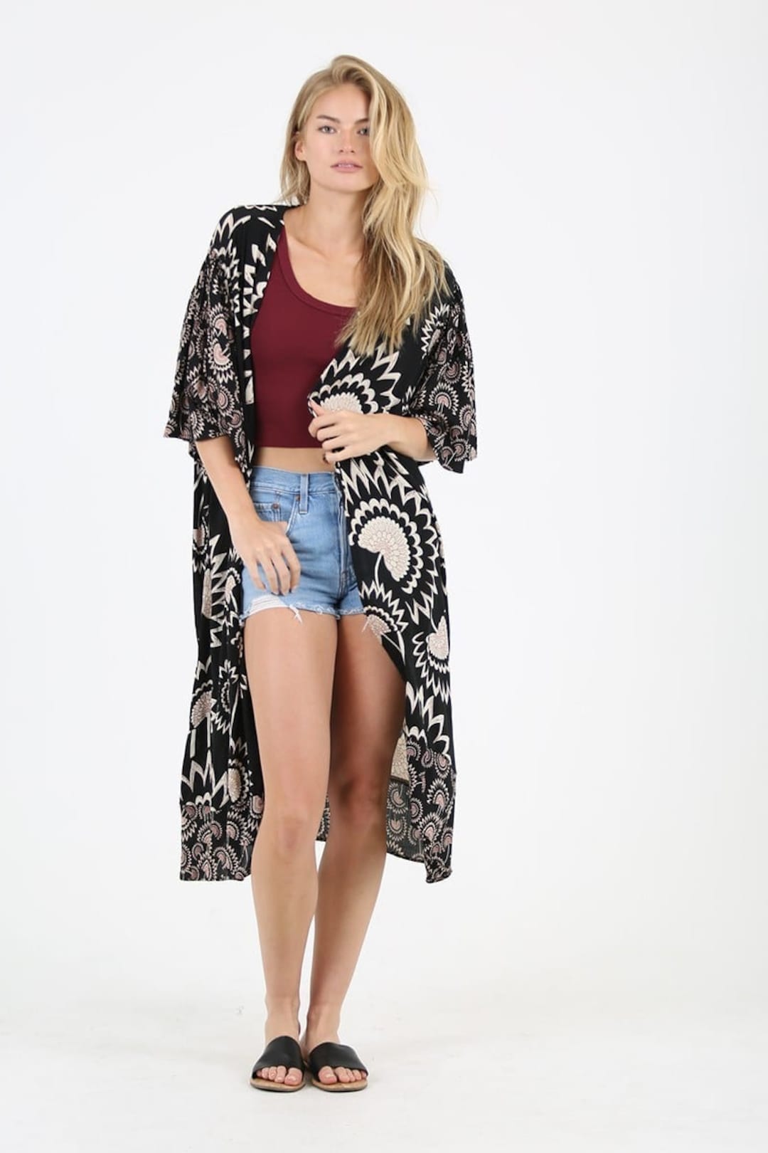 Women Black Kimonos Black Floral Beach Kimono Kimono Jacket Etsy