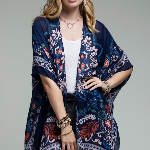 navy floral print kimonos, beach kimono, kimono jacket, kimono cardigan, long kimono, beach cover up, boho kimono, for her