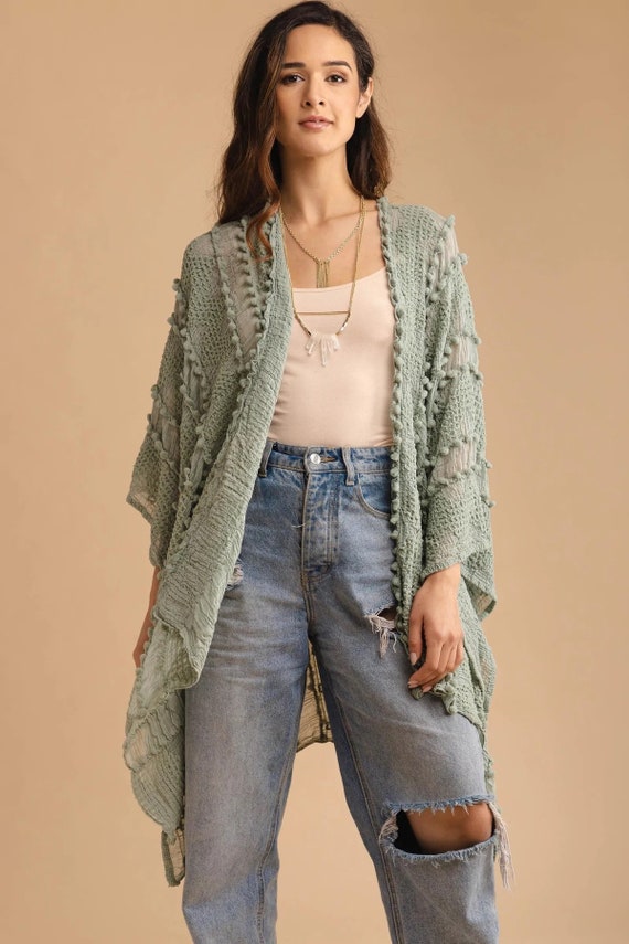 Short Bohemian Floral Kimono – Sage Green / Peach main image 1
