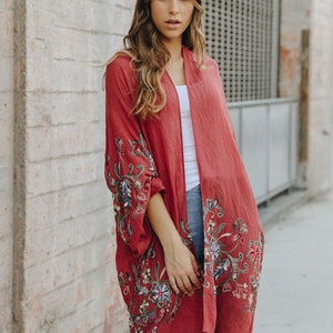 Kimono, floral embroidery, beach kimono, kimono jacket, kimono cardigan, long kimono, beach cover up, boho kimono, for her