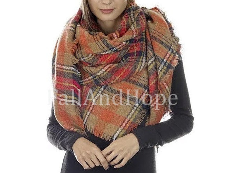 Red Taupe OVERSIZED SQUARE Plaid Blanket Scarf Winter Scarf Etsy
