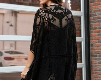 birthday gift, black lace kimonos, beach kimono, kimono jacket, kimono cardigan, long kimono, beach cover up, boho kimono, for her