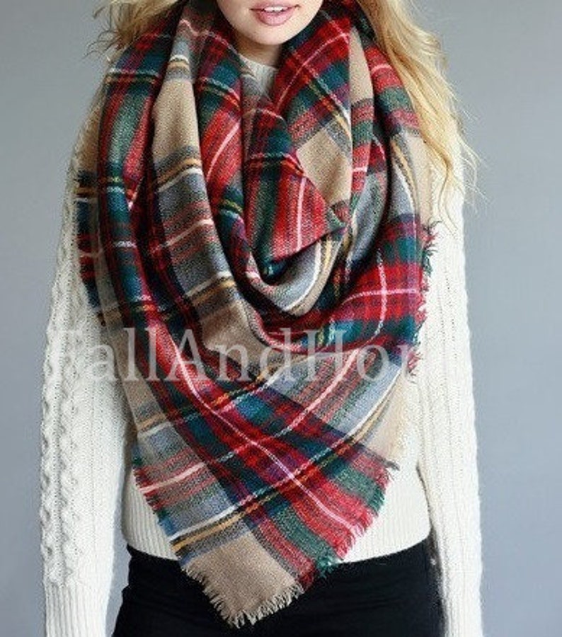 Red Taupe OVERSIZED SQUARE Plaid Blanket Scarf Winter Scarf Etsy