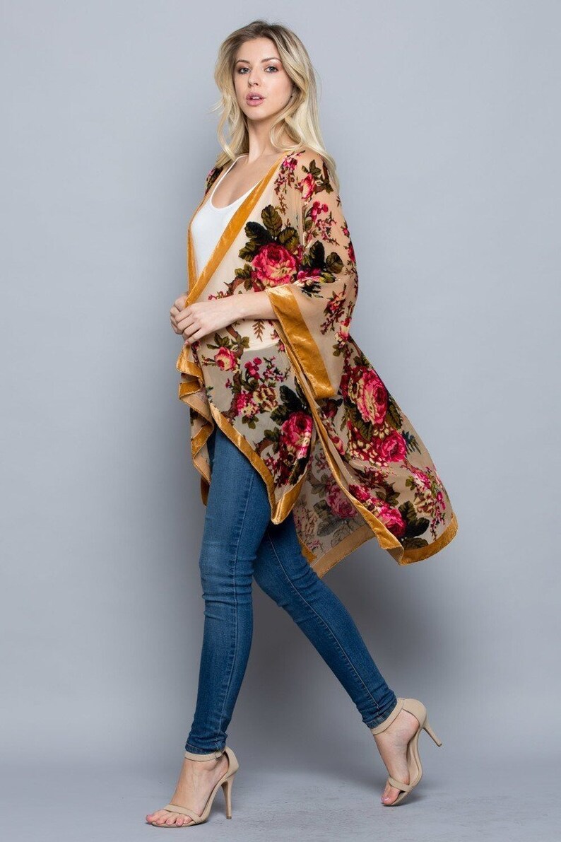 Sunset Rose Floral Print Velvet Burnout Kimono