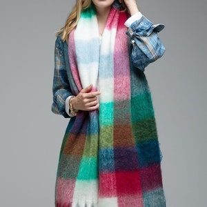 Brushed Rainbow Color Cozy and Warm checkered brushed scarf with fringe accent