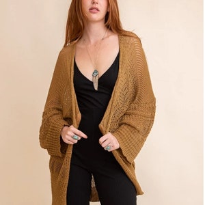 Women's Long Kimono Cardigan - Knit Netted Open Front Cover Up, 3/4 Sleeve - View #4