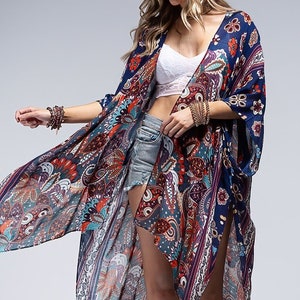 Paisley Kimono Women Beachwear Cover Ups Kimonos Boho Spring Floral Print