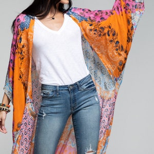 women kimonos, orange long boho vibe beach kimono, kimono jacket, kimono cardigan, long kimono, beach cover up, boho kimono, for he